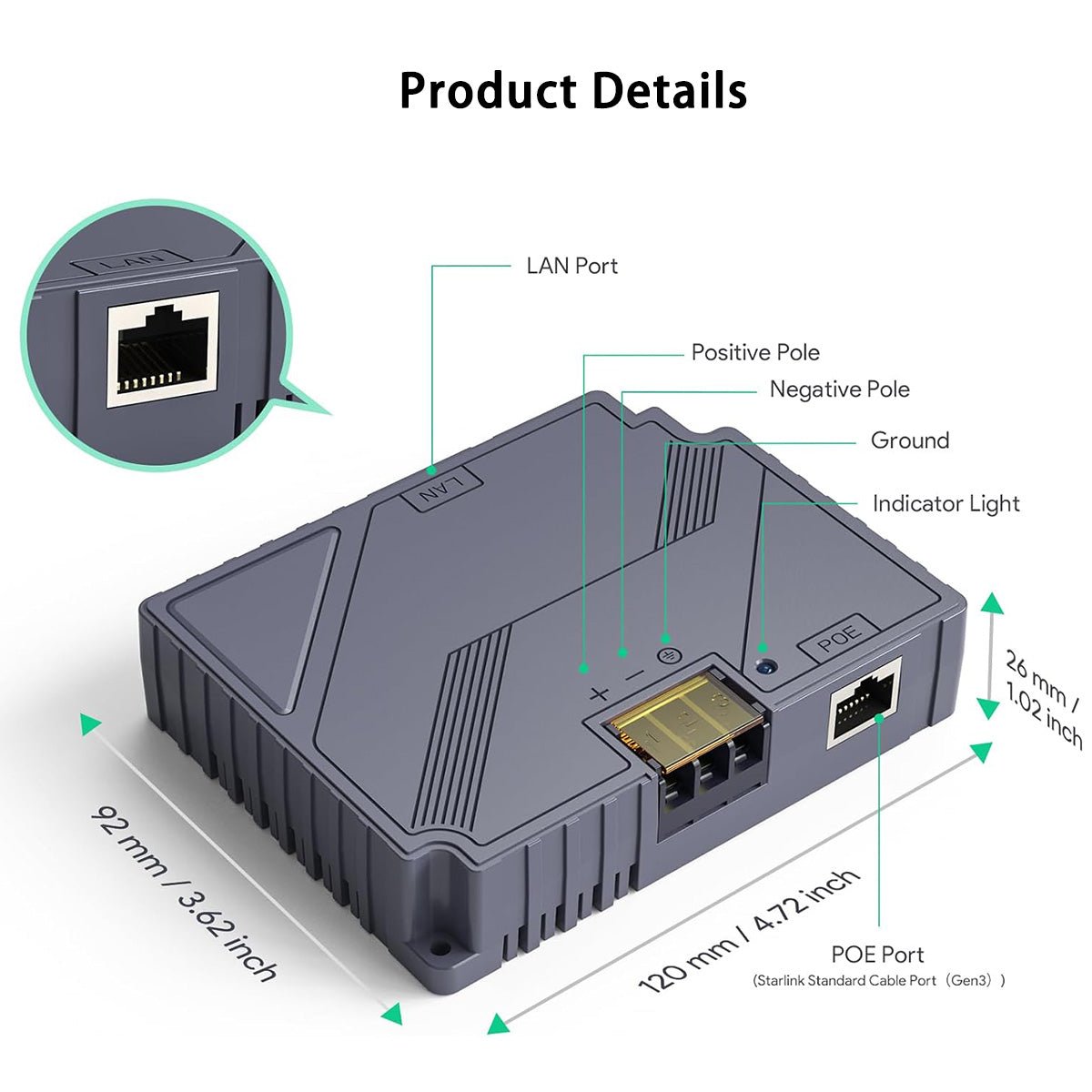 150W 2 - in - 1 PoE Injector with 9 - 36V DC Step - Up Converter for Starlink Gen 3 – Passive PoE & ESD Protection - OrbiMars