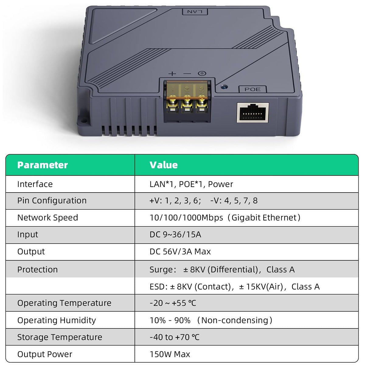 150W 2 - in - 1 PoE Injector with 9 - 36V DC Step - Up Converter for Starlink Gen 3 – Passive PoE & ESD Protection - OrbiMars